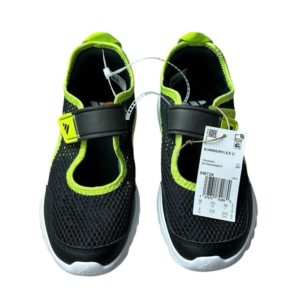 Adidas Summerflex C Kids Training Shoes Black Neon Yellow Mesh Slip On US 3 NWT